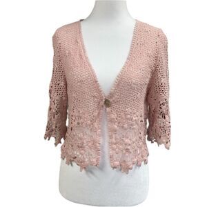 Crochet Floral Mother of Pearl Single Button Boho Crop Cardigan Sz L Pink